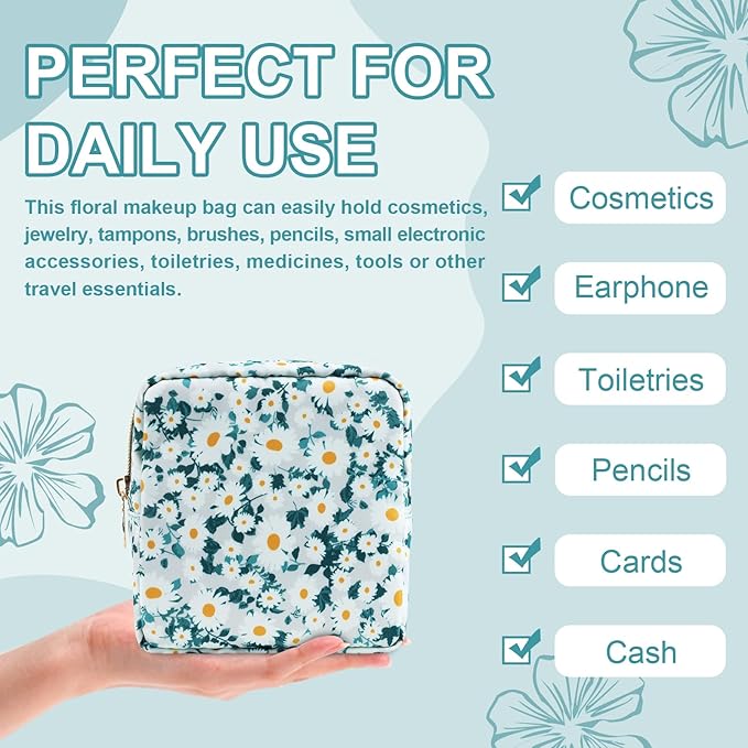 Waterproof Mini Floral Makeup Bag Pouch for Purse,Nylon Flower Cosmetic Travel Bag Small Preppy Toiletry Organizers Bag for Women Girl,Cute Zipper Pouch Coin Purse for Work(Mini Green-Daisy)
