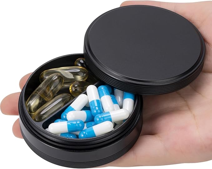 Pill Box 2 Compartment Pill Case - Portable Metal Travel Pill Container for Pocket or Purse, Waterproof Pill Organizer Holder for Medicine Vitamin Fish Oil and Supplements