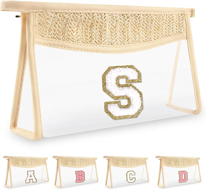 Personalized Initial Letter Bag Boho Straw Clear Makeup Bag, Small Cute Chenille Varsity Letter Bag With Zipper, Beach Travel Toiletry Bag, Portable Monogrammed Cosmetic Bag for Women Girls, S