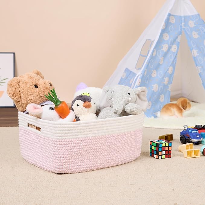 MiniArk Large Storage Baskets for Shelves, Closet Organizers Bins for Clothes Blanket Towels, Baby Nursery, Toy Baskets Box, Woven Rope Baskets, 17 x 13 x 7.5”, 3 Packs Woven Pink
