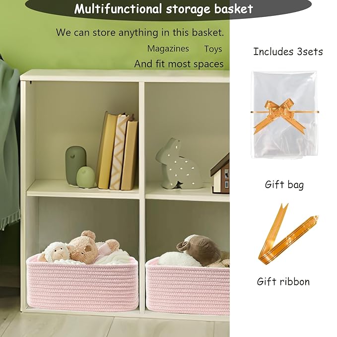 COMFY-HOMI 11.5"x7.5"x4.7" Storage Baskets for Organizing | Cotton Rope Woven Basket | Toy Storage Bin Box | Basket for Shelves, Closet Organizer Bin, Decorative Closet Shelf, 1 Pack,all pink