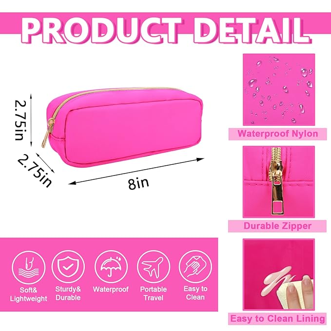 Small Pencil Case Makeup Bag for Purse, Cute Pencil Pouch Preppy Nylon Makeup Brush Bag with Zipper, Girls Portable Stationery Storage Case Small Pen Bag for Office School College (Slim-Bubblegum)
