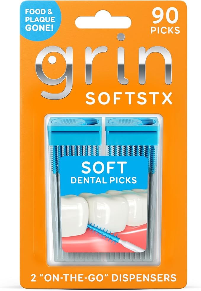 GRIN Softstx, Gentle Dental Picks, 90 Count, Soft Flexible Bristles, Textured Plaque Removing Toothpick, Minty Flavor, for Between Teeth, Refillable Hygienic Case, for Braces, Bridges, and Implants