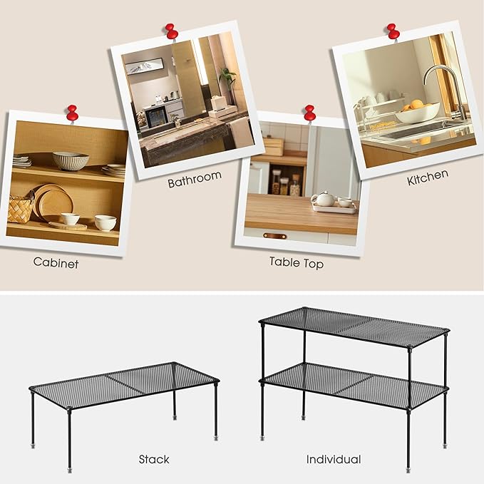 2-Pack Kitchen Cupboard Shelf Organizer for Cabinet, Expandable & Stackable Counter Cupboard Organiser, Storage Rack for Bathroom, Kitchen, Laundry Room