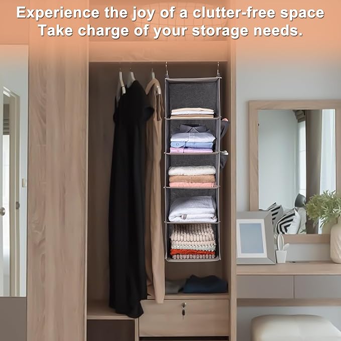 BOOMIBOO Hanging Closet Organize and Shelves,5-Hanging Shelf with 2 Side Pockets,Storage Foldable （Purple）
