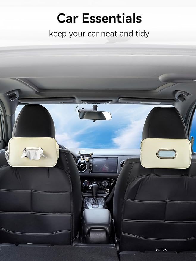 Multi-Functional Car Tissue Holder with 2 Storage Nets, Upgraded PU Leather Tissue Box Cover, Large Rectangle Napkin Organizer, Fits 100-150 Regular Size Tissues, Keeps Car Tidy, Beige