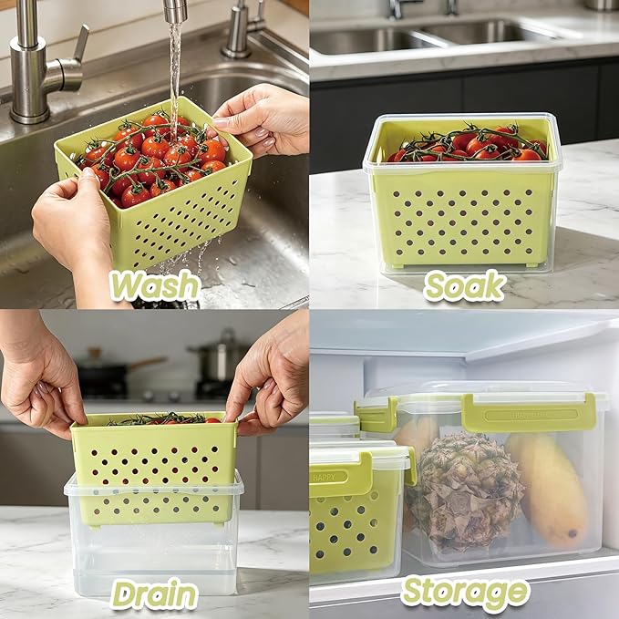 Set of 3 Fruit Storage Containers for Fridge with Removable Colander and Handle Lid, 4.6qt|2.5qt|1qt Dishwasher Microwave Safe, Keep Berry Fresh Longer (Light Green)