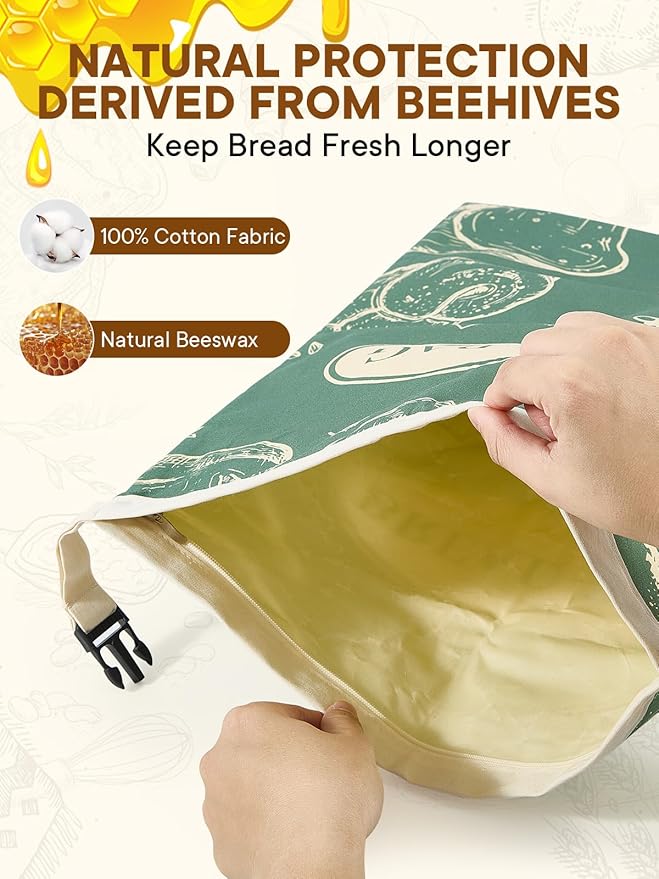 2 Pack Zippered Beeswax Bread Bags 17×13 Inch Large Cotton Sourdough Bread Bags Reusable Bread Storage Bags for Homemade Bread Freezer Safe for Bagel Croissant & Baguette Kitchen Baking Supplies