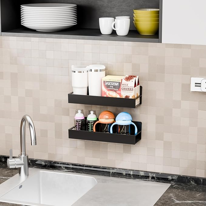 Yieach 4 Pack Black Spice Rack Wall Mount with Adhesive,11.5″L x 3.6″W,Stick on Seasoning Jar Spice Organization for Cabinet Door or Pantry Door,Adhesive Wall Spice Rack for RV,Kitchen,Inside Cabinets