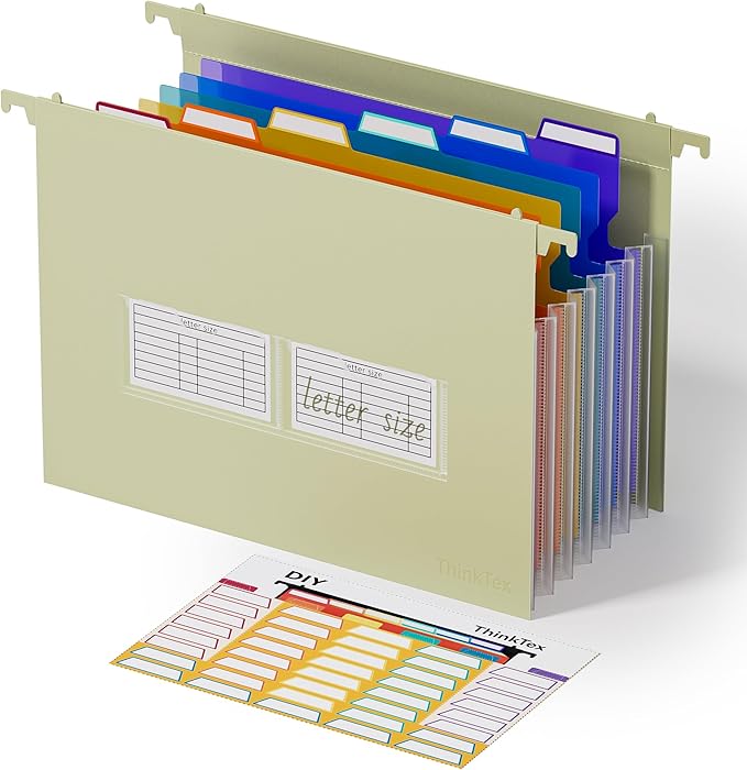 ThinkTex Plastic Expanding Hanging File Folders, 7 Innovative 1.2" Accordion Pockets, Large Capacity, Multi-Color Tabs, Letter Size for Filing Cabinet - Yellow