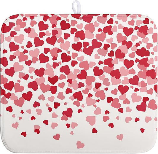 Valentines Dish Drying Mat Pink Red Love Hearts Valentine Drying Mats for Kitchen Counter Absorbent Microfiber Reversible Dish Draining Mat Medium Dishes Pad 16 X 18 Inch