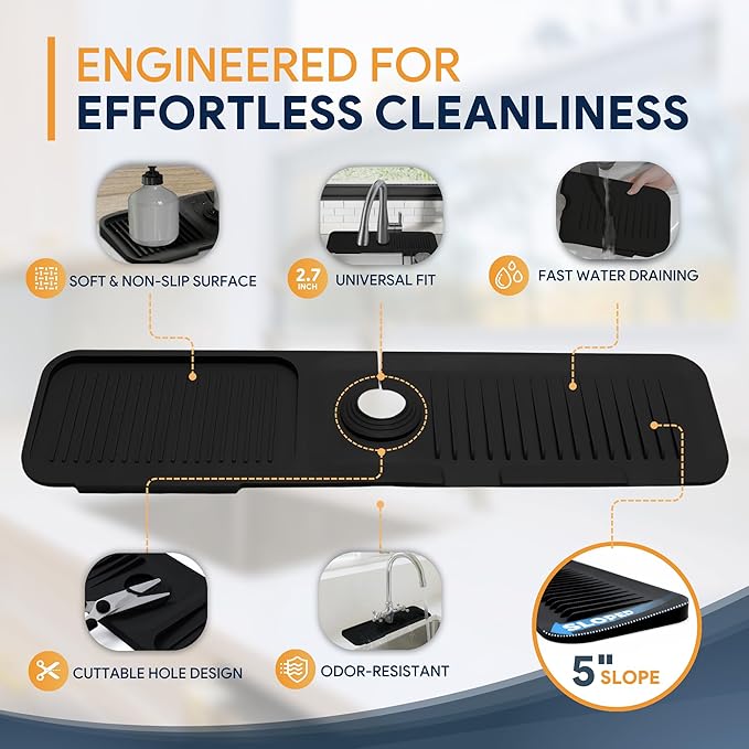 24” Silicone Faucet Mat For Kitchen Sink, Kitchen Sink Splash Guard Behind Faucet, Kitchen Faucet Mat For Kitchen Sink, Kitchen Sink Faucet Mat Splash Guard and Sink Water Splash Guard (Black)