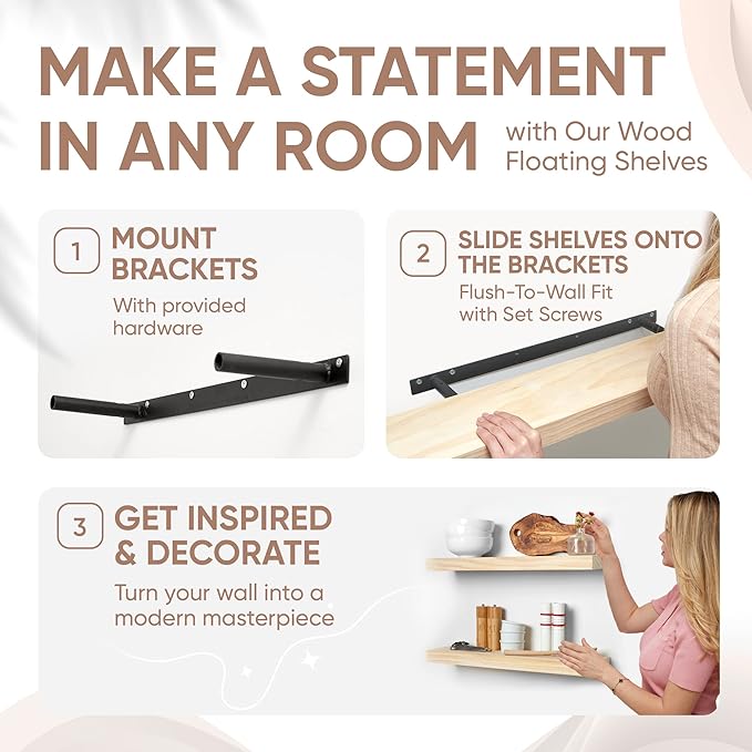 Homeforia 24 inch Wood Floating Shelves, High-End Solid Natural Wood 24-inch Floating Shelf for Wall, Unfinished Wooden 24-inch Floating Shelves, Heavy Duty Bracket, 24 X 6.5 X 1.75 in, Set of 3