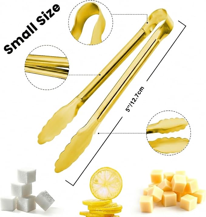 8PCS Gold Mini Metal Tongs, 5" Stainless Steel Serving Tiny Tong, Small Kitchen Accessories for Appetizer, Ice, Sugar Cube, Salad, Toaster, Desserts
