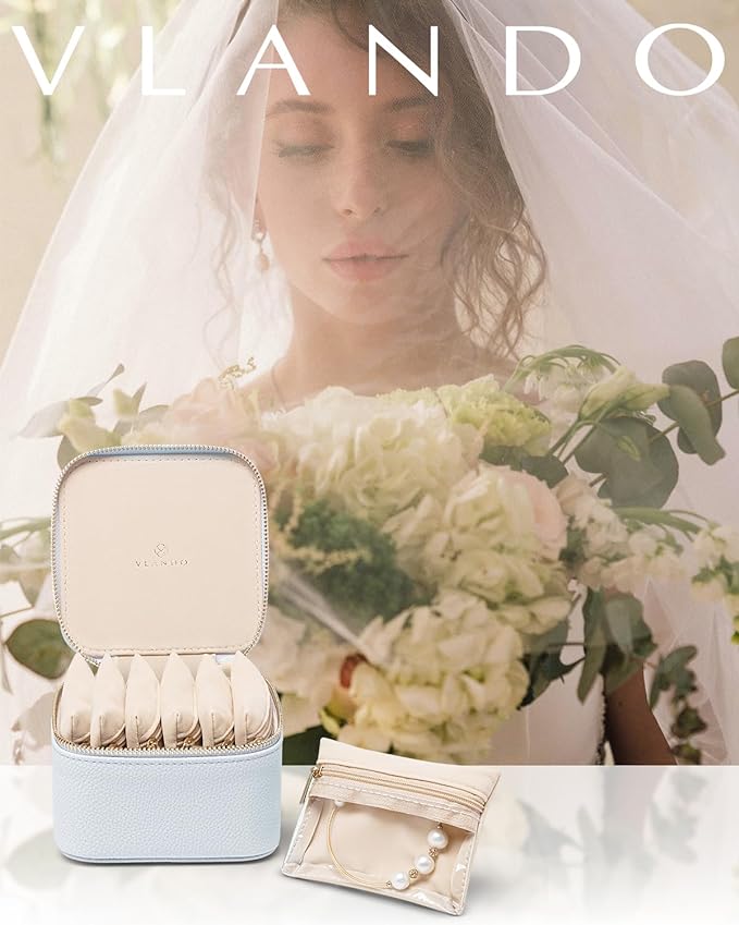 Vlando Travel Jewelry Case,Travel Jewelry Organize with 6 Velvet Jewelry Zipper Pockets,Premium Petal Hardware Jewelry Case for Birthday Wedding Graduation Gifts-Baby Blue