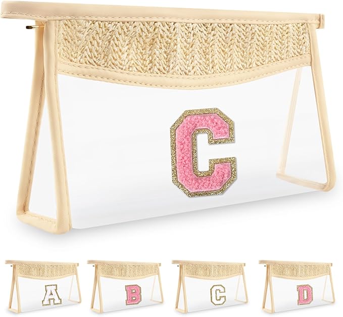 Small Boho Straw Initial Letter Makeup Bag Personalized Gift ,Cute Clear Chenille Patch Makeup Bag With Zipper,Trendy TSA Approved Travel Toiletry Bag,Gift for Women Girls Birthday Friend, Letter C