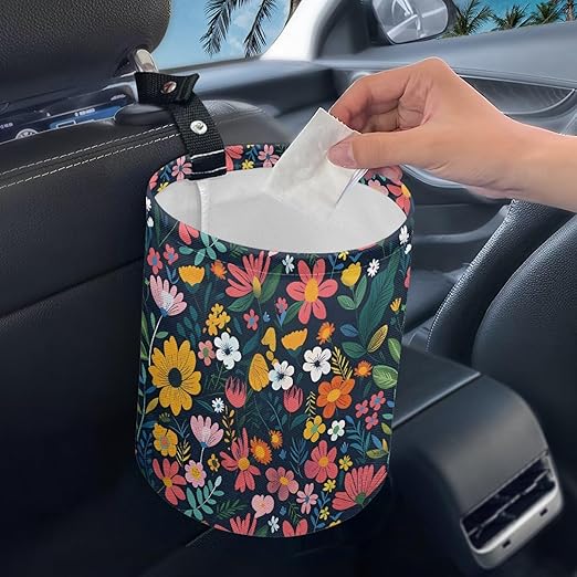 Panskyllis Colorful Flowers Car Garbage Trash Can Collapsible Trash Rubbish Bin Basket Bag Portable Cup Holder Organizer with Strap Universal Storage Bag Box for Front Seat, Back Seat, Headrest