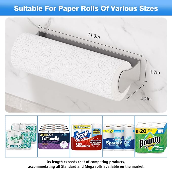 Paper Towel Holder Under Cabinet, Stainless Steel, Adhesive or Screw Mount, Fits Standard & Mega Rolls, Wall Mount Rack for Kitchen, Bathroom, RV, Silver