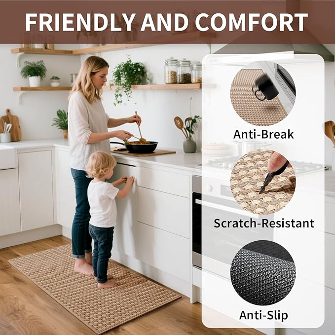 YDKGL Kitchen Mat Kitchen Rugs Sets of 2 PCS Non Slip Washable, Super Absorbent Soft Braided Kitchen Mats for Floor, Rubber Backing Comfort Standing Kitchen Sink Mat Runner Rug, Brown 17"x28"+17"x59"