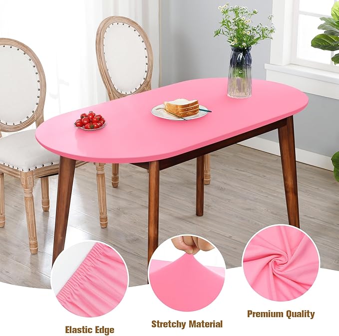 Fitted Oval Tablecloth 48 x 68 Inch Elastic Table Cloth, Stretch Spandex Table Cover Pink Washable Polyester Top Cap Cover for Dining Picnic Camping Indoor and Outdoor