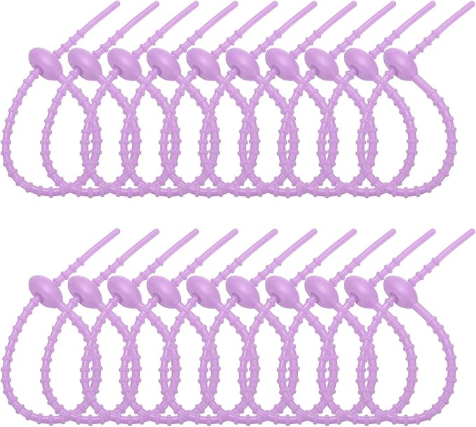 PATIKIL 8 Inch Silicone Cable Ties, 20pcs Rubber Reusable Twist Zip Ties Organizer for Home Office Kitchen Food bags Wires Adjustable Bag Clip, Light Purple
