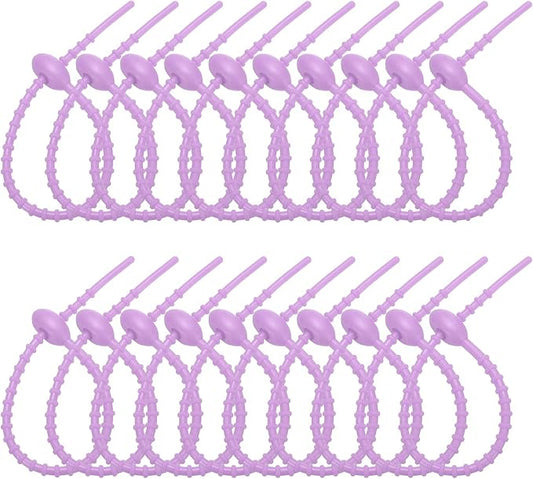PATIKIL 8 Inch Silicone Cable Ties, 20pcs Rubber Reusable Twist Zip Ties Organizer for Home Office Kitchen Food bags Wires Adjustable Bag Clip, Light Purple