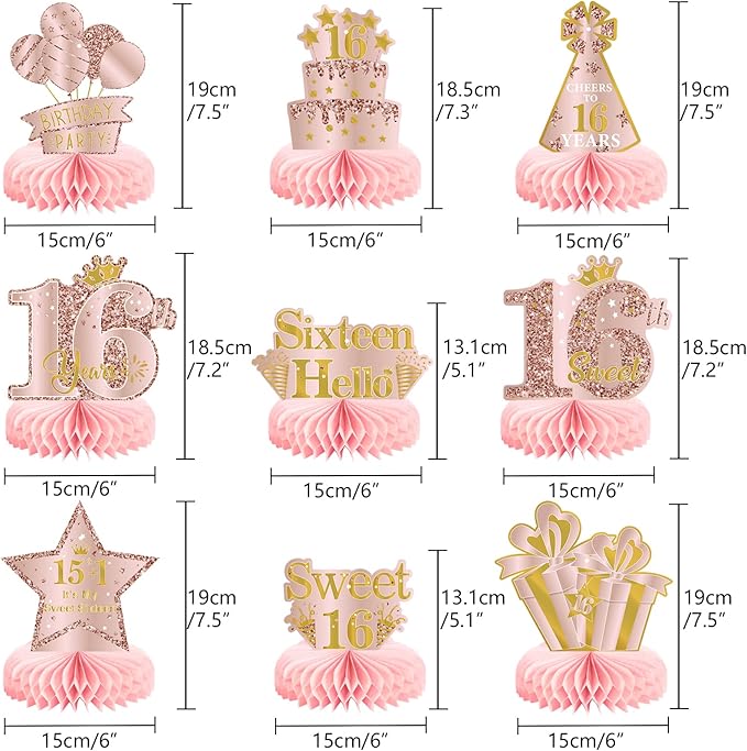 9Pcs 16th Birthday Decorations Pink Rose Gold Honeycomb Centerpieces for Girls,Happy 16th Birthday Table Centerpieces Party Supplies,Sixteen Year Old Birthday Table Toppers Decor