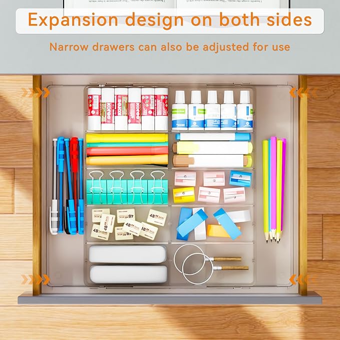 Yieach Large Expandable Desk Drawer Organizer Tray for Office Supplies and Accessories With 12 Adjustable Compartments,Office Drawer Organizers for Pencil,Pen and Kitchen Junk Drawer Organizer,Clear