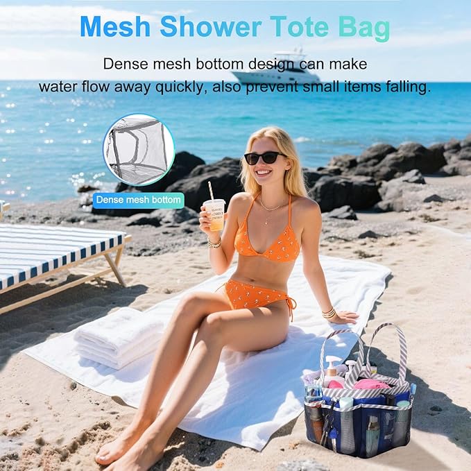 Haundry Mesh Shower Caddy Portable for College Dorm Room Essentials, Shower Caddy Tote with 8 Pockets Large Capacity, Shower Bag for Beach, Swimming, Gym, Dark Blue