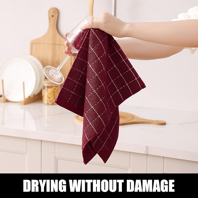 Homaxy 100% Cotton Terry Kitchen Towels(Burgundy Red, 13 x 28 inches), Checkered Designed, Soft and Super Absorbent Dish Towels, 6 Pack