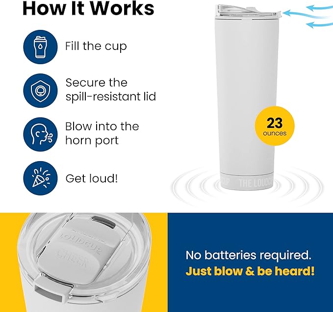 The LoudCup Blow Horn Tumbler, Cheer & Sip 2-in-1 Reusable Water Bottle with Built-In Horn for Sports Games, Tailgates, Parties & Events, BPA-Free