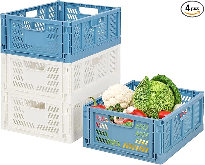2 Blue 2 White Plastic Storage Basket Folding Storage Boxes Crate Drawer Organizer Stackable Shelf Basket Collapsible Closet Container Food Fruit Bottle Book Organizer for Home Office Kitchen Basket