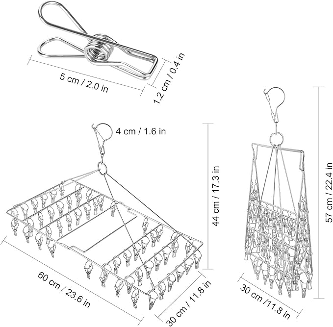 2 Pack Large Collapsible Clothes Drying Hanger, Stainless Steel Metal Laundry Drying Rack for Sock, Diapers, Underwear, Lingerie, Hat, Mask and Herbs (Total 104 Clips)