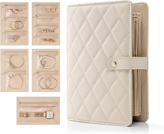 Vlando Jewelry Book Organizer - Leather Travel Jewelry Case with 5 Detachable Pages for Necklaces, Rings, Earrings, Tangle-Free, Giftable, Offwhite