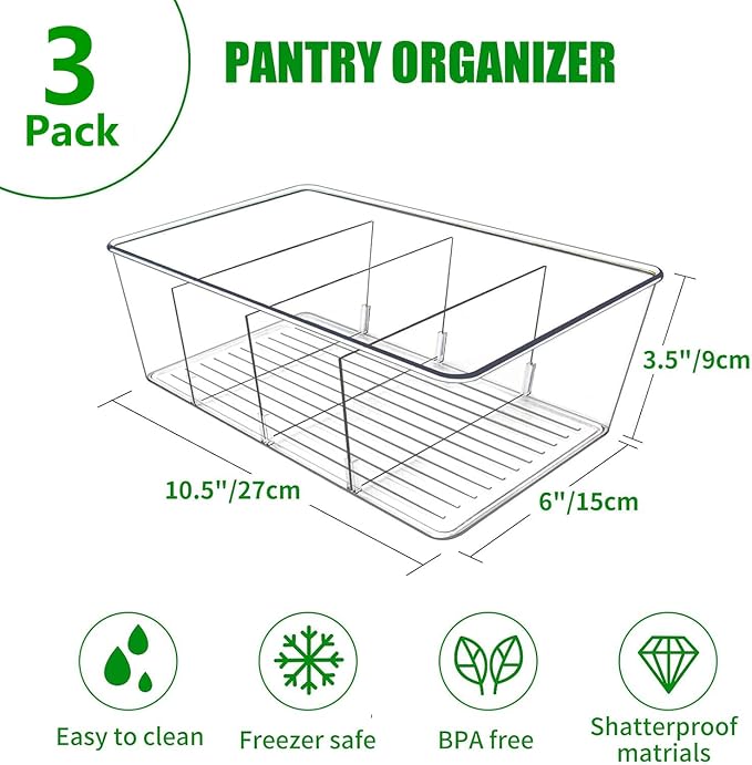 3 Pack Pantry Organizers,Clear Plastic Organizer Bins for Kitchen,Fridge,Drawer Organization and Storage, 4 compartment Snack Containers for Spice Packets,Tea bag