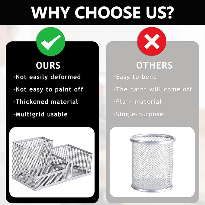 2 Pcs Metal Pen Holder for Desk with 3 Compartments, Office Desktop Organizer Pencil Cup Caddy for Stationery Marker Storage School Home Supplies(Black，Silver (Silver)