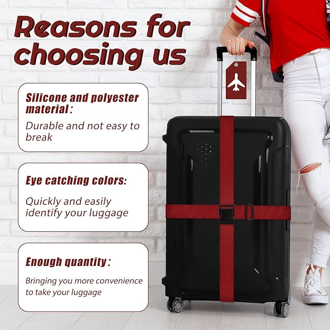 Weewooday 8 Pcs Luggage Straps Suitcase Tags Set for TSA Approved, 4 Travel Adjustable Suitcase Belt, 4 Silicone Luggage Tags with Name ID Card Travel Accessories(Wine Red,Airplane)