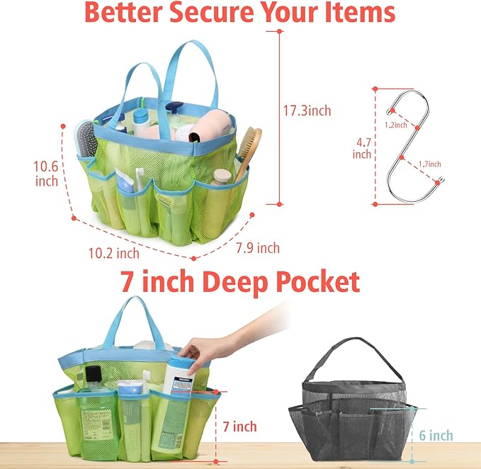 F-color Mesh Shower Caddy Portable, Upgraded Deeper 7 Pockets Shower Bag Basket Bag Tote for College Dorm Room Toiletry Bathroom Essentials Gym Camp Quick Dry 2 handles with S Hook