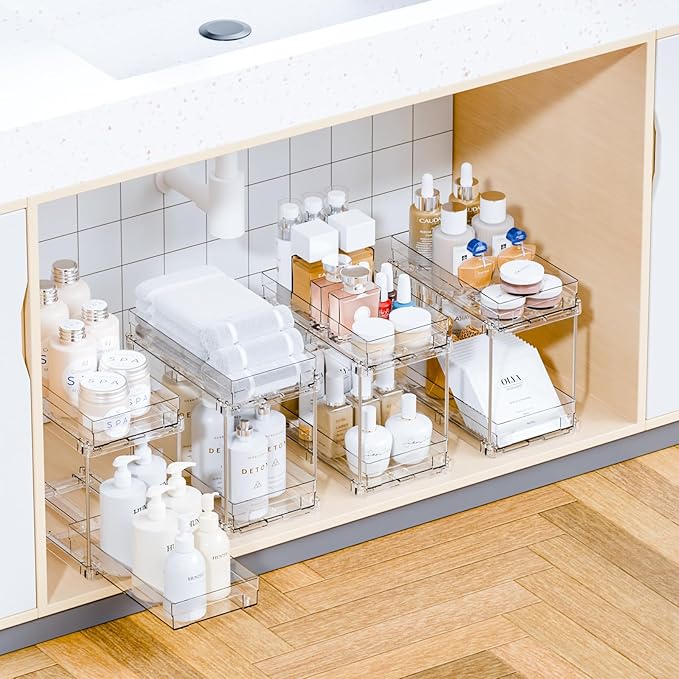 Yieach 4 Set Clear Pull Out Bathroom Organizers and Storage, 2 Tier Under Sink Organizer and Medicine Cabinet Organizer, Small Slide Out Drawers for Pantry, Under Cabinet, Kitchen Storage and Organization