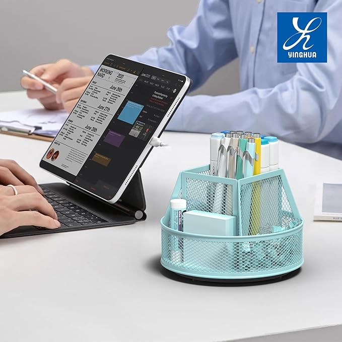 YINGHUA Metal Mesh Desk Organizer with 5 Compartments and Rotating Pencil Holder Pen and Stationery Organizer for Office Home School Anti Slip Base Blue