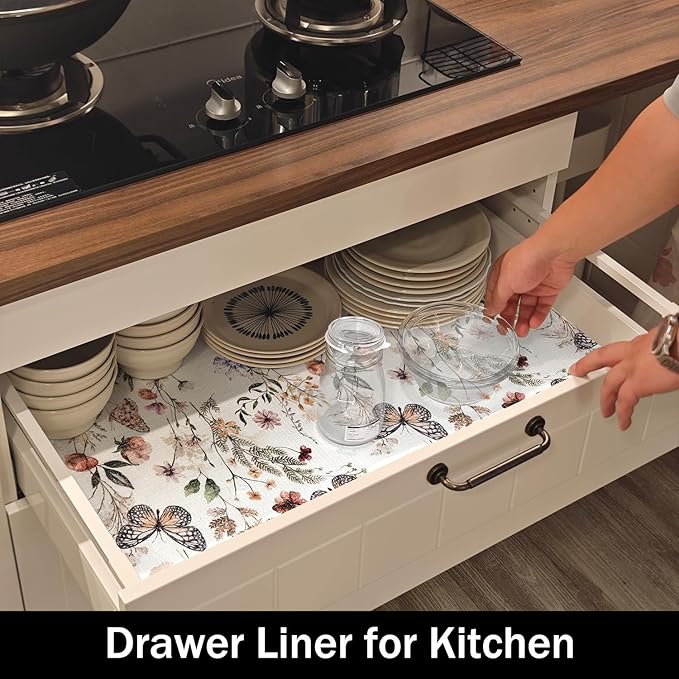 Floral Shelf Liners Non Adhesive 16IN x 20FT and Strong Non-Slip Shelf and Drawer Liners for Kitchen Cabinet Wire Fridge, Waterproof Shelf Drawer Liner,Easy to Clean,Butterfly