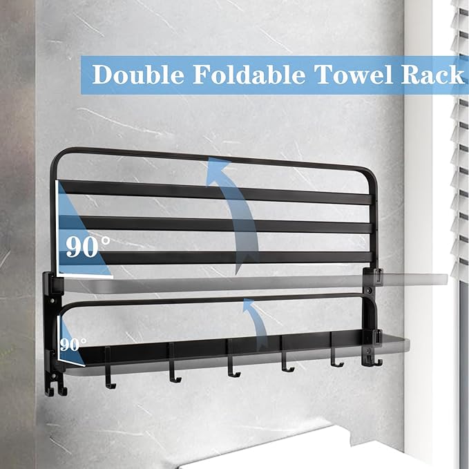 Towel Racks for Bathroom, Foldable Towel Shelf with Towel Bar & 7 Towel Hooks, Rustproof Double Bath Towel Holder Wall Mounted Towel Storage Hanger for Bathroom/Balcony/Lavatory (24in Black)