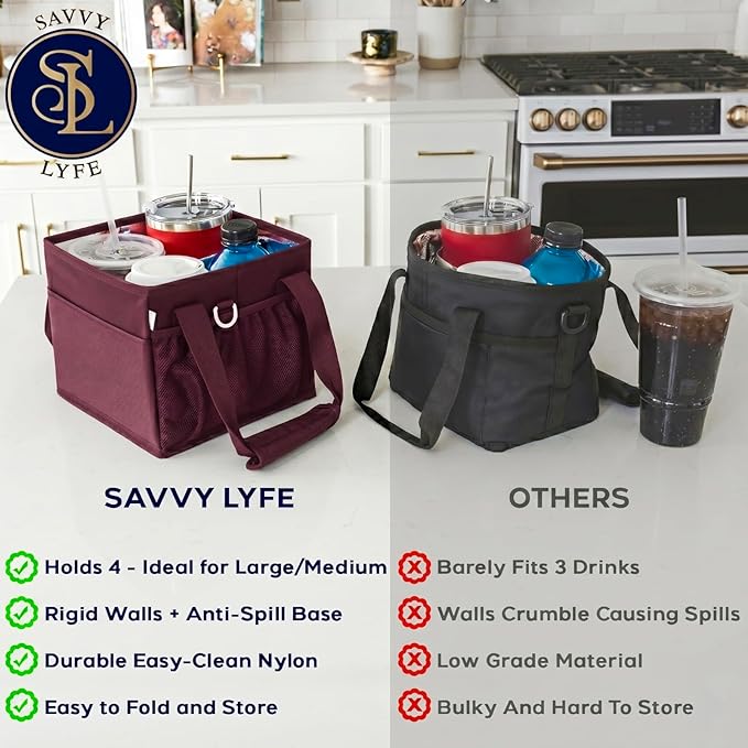 Reusable Drink Carrier with Handle – Tip-Resistant 4 Cup Carrier with Shoulder Strap for Delivery – Insulated, Foldable, Adjustable Dividers – Portable Caddy Tote Bag, Drink Holder for Car