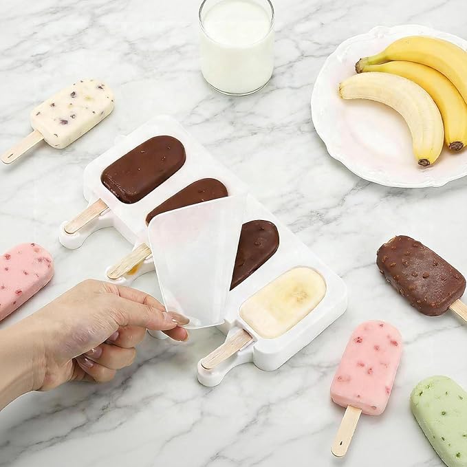 2 Pack Silicone Popsicle Molds，Oval 4 Cavities Homemade Ice Pop Molds with 100 Wooden Sticks for Ice Cream, Cakesicles, Cake Pop