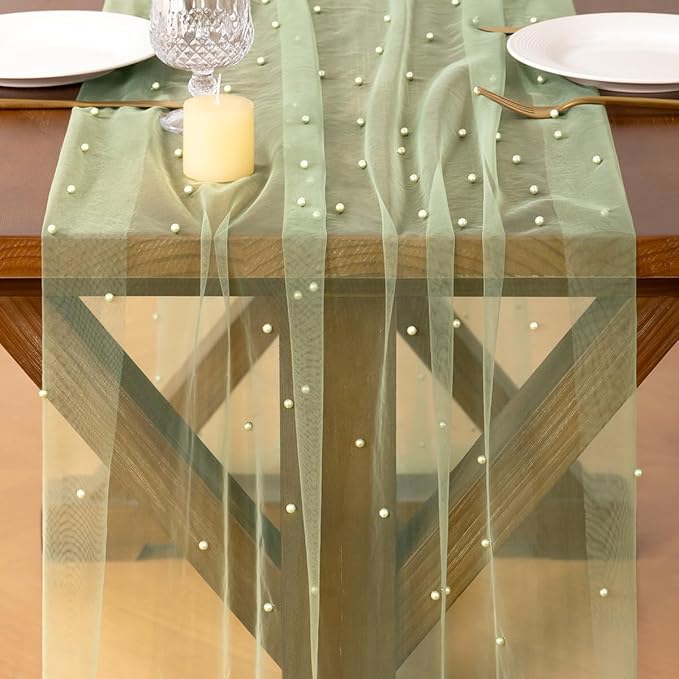 Socomi Pearl Table Runner Tulle Sage Green Summer Cheesecloth 10FT Gauze Cheese Cloth Sheer Chiffon Dining Wedding Birthday Party Baby Shower Bridal Anniversary Holiday Centerpiece Table Decor