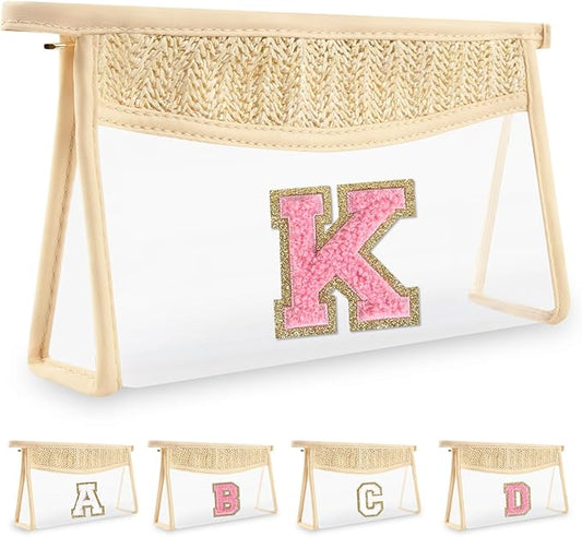 Small Boho Straw Initial Letter Makeup Bag Personalized Gift ,Cute Clear Chenille Patch Makeup Bag With Zipper,Trendy TSA Approved Travel Toiletry Bag,Gift for Women Girls Birthday Friend, Letter K