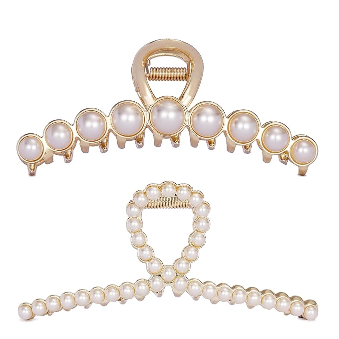 Vintage Metal Pearl Hair Clip, Imitation Pearl Hair Claw Clips Large Size, Hair Clasps Accessories for Women Lady Girls, 2 Pieces