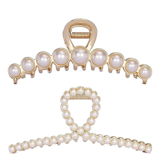 Vintage Metal Pearl Hair Clip, Imitation Pearl Hair Claw Clips Large Size, Hair Clasps Accessories for Women Lady Girls, 2 Pieces
