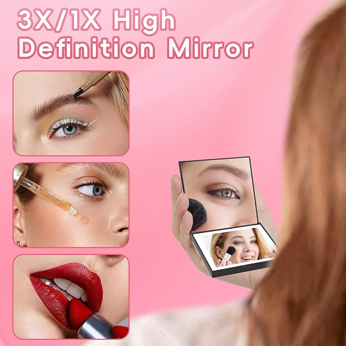 ALLROSE Compact Mirror, 1X/3X Magnifying Travel Mirror with Light Small Purse Mirror Pocket Mirror for Makeup, Mini LED Portable Handheld Makeup Mirror Travel Essentials Gifts for Women Girls, Black