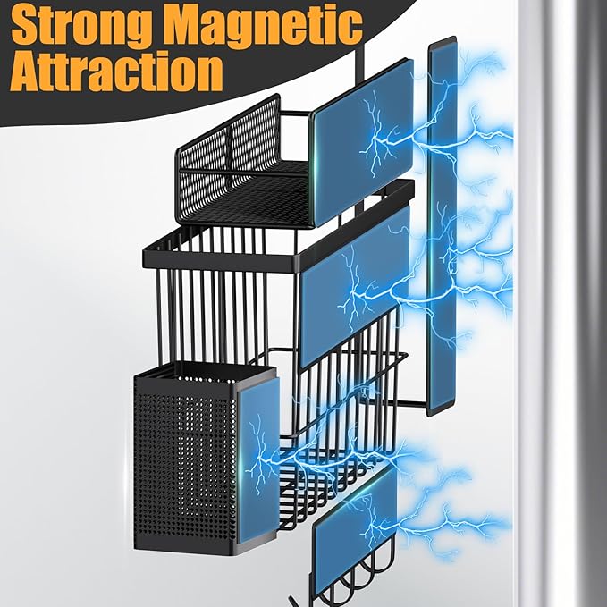 Magnetic Spice Rack for Refrigerator, 7 Pack 100% Metal Strong Magnet Shelf, Spice Organizer W/ Paper Towel Holder, Hook Rack, Utensil Caddy & Cutting Board Holder, Home Kitchen Organization (Black)